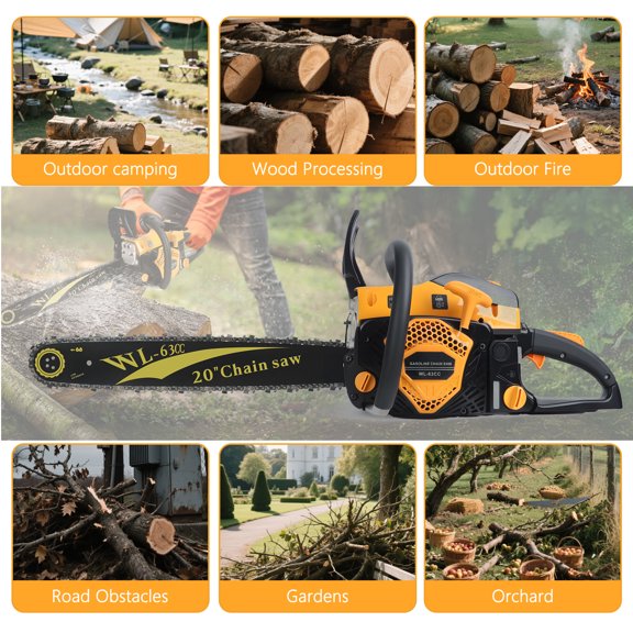 Tereitr 63CC Gas Powered Chainsaw, 2 Stroke 20 Inch Handheld Petrol Chain Saw with Low Vibration Ergonomic Handle, 8500 RPM High Torque Motor for Tree Felling & Wood Cutting