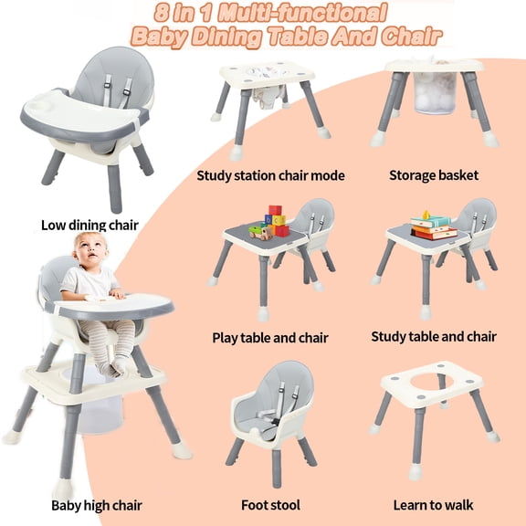 Tereitr Baby High Chair, 8 Mode Convertible Toddler Dining Learning and Play Table with Removable Tray， Adjustable Height for Ages 6 Months to 8 Years (Grey)