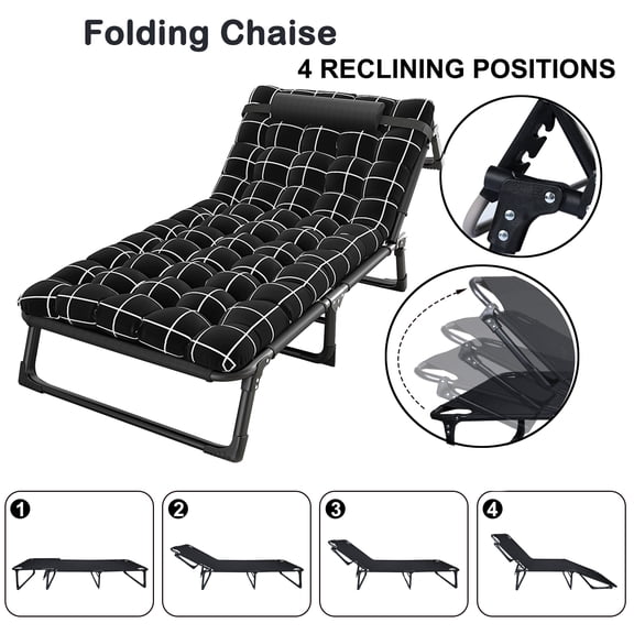 Tereitr Camping Cot for Adult, Portable Folding Cot Bed, Adjustable 4-Position Reclining Chaise with Mattress & Pillow, Outdoor Lounge Chair Sleeping Cot for Pool, Beach, Patio