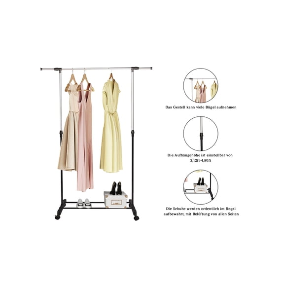 Tereitr Clothing Rack with Casters, Adjustable Clothing Rack, Metal Frame, Adjustable Height 37.4"-57.48", Rolling, for Hanging Clothes, Dresses, Coats, Garment
