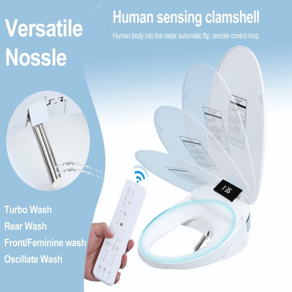 Tereitr Electric Bidet Toilet Seat with Warm Water & Dryer, Elongated Heated Toilet Seat for 18.5"-19.5" Toilet, Instant Heating, Self-Cleaning Nozzle, Remote Control, 110V, White