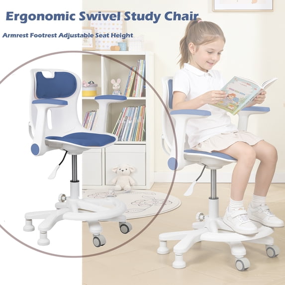 Tereitr Ergonomic Kids Desk Chair with Adjustable Height Armrest Footrest, 360° Swivel Children Study Chair for Boys Girls Home School Study Bedroom (Blue)