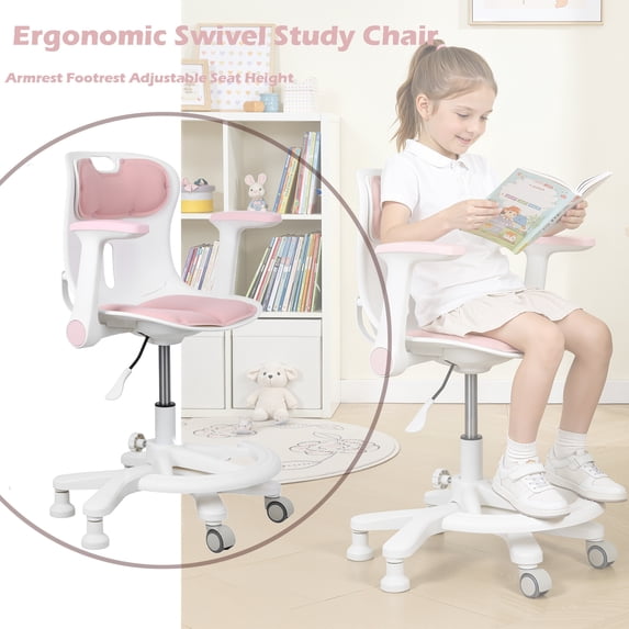 Tereitr Ergonomic Kids Desk Chair with Adjustable Height Armrest Footrest, 360° Swivel Children Study Chair for Boys Girls Home School Study Bedroom (Pink)