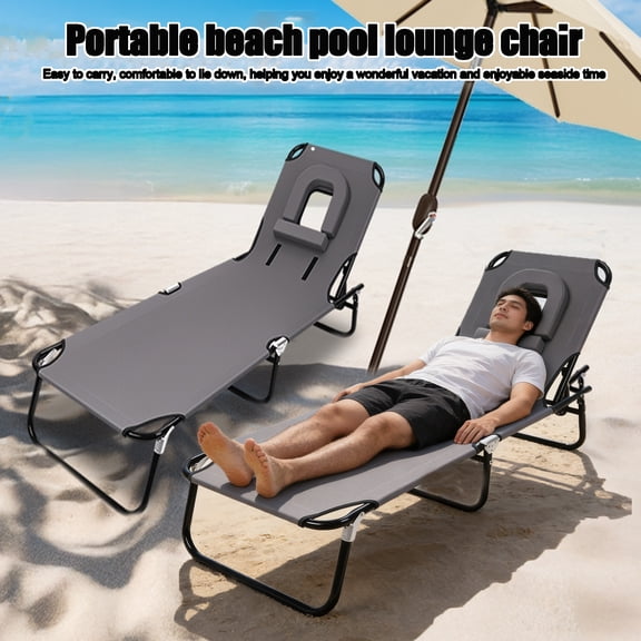 Tereitr Foldable Camping Cot for Adult, Reclining Folding Chaise with Face Hole, 4 Height Adjustable Lounger Chair Sunbathing Chair for Patio, Lawn, Beach (Grey)