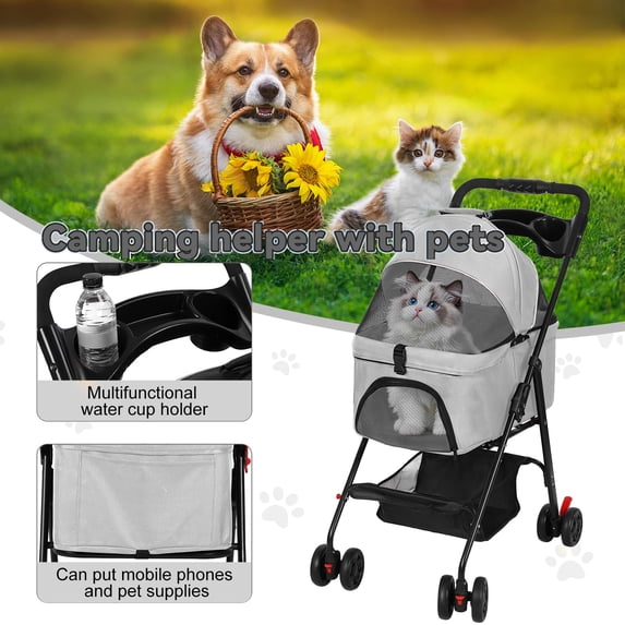 Tereitr Foldable Pet Cart Foldable Pet Stroller for Small Dogs Cats 4-wheel Design with Removable Breathable Mesh Canopy Storage Basket Cup Holder, Holds Up to 17.6 lbs, Grey