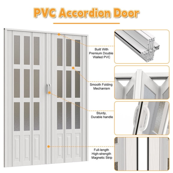 Tereitr Folding Accordion Door with Magnetic Suction, Space Saving PVC Privacy Door for Closet Room Pantry, No Floor Track Needed, Double Cuttable Door Panel, Fits 80 Inch Height (60*80in)