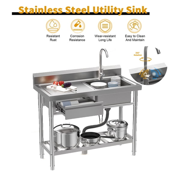 Freestanding Stainless Steel Utility Sink – Single Bowl Outdoor Garden Sink With Faucet & Shelf (16.5" X 14.5")