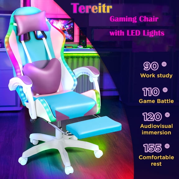 Tereitr Gaming Chair with LED Lights, Ergonomic Computer Chair with Massage Lumbar Support and Footrest, Reclining Video Game Chair for Adults, Pink Racing Style Chair