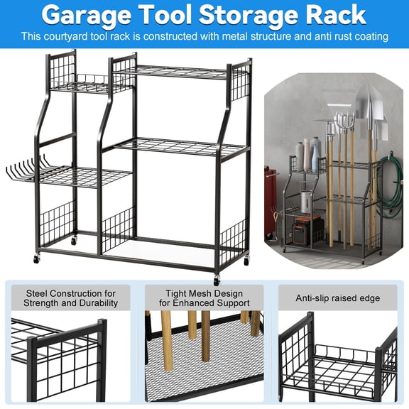 Tereitr﻿ Garden Tool Organizer with Lockable Wheels Utility Organizer for Rakes Shovels Brooms, Long Handle Tool Holder for Garage Shed Storage Cart