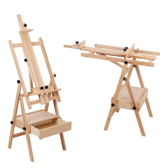 Tereitr H-Frame Solid Beech Wood Easel, French Style Artist Easel with Storage Drawer, Height & Angle Adjustable Painting Stand for Canvas, Oil & Watercolor