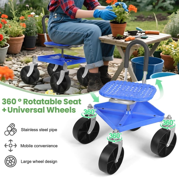 Tereitr Height-Adjustable Rolling Garden Stool with Swivel Seat & Tool Tray - Mobile Gardening Bench Cart for Weeding, Planting, Outdoor Work (Blue)