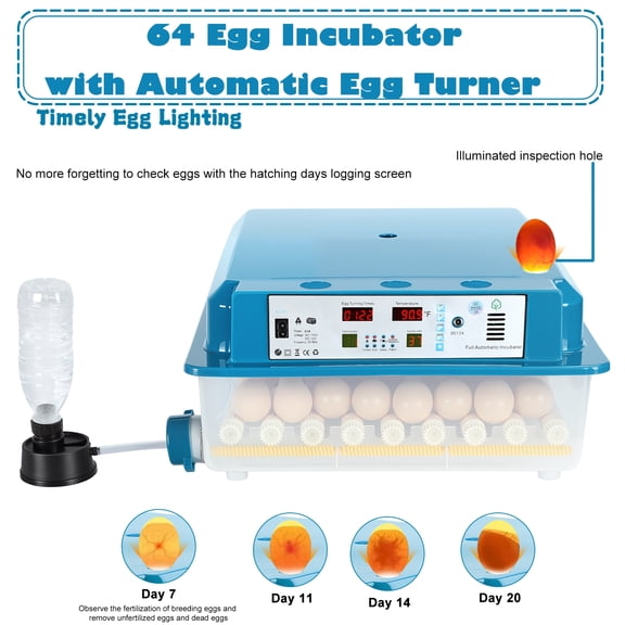 Tereitr Incubator with Automatic Egg Turner, Temperature & Humidity Control, Dual Power 110V AC/12V DC for Hatching Chicken, Duck, Goose, Quail, Bird Eggs