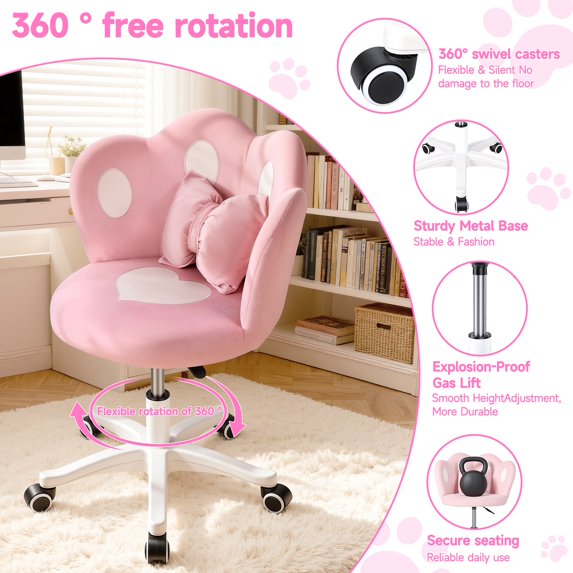 Tereitr Kids Desk Chair with Bow Pillow, Adjustable Height, 360 Degree Swivel Rolling Wheels, Ergonomic Study Chair for Girls Bedroom