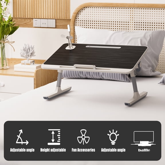 Tereitr Laptop Bed Tray Table with Height & Angle Adjustable Stand, 5 Level Height 4 Angle Foldable Lap Desk with USB Fan and Light, Portable Notebook Holder for Sofa Couch Bed