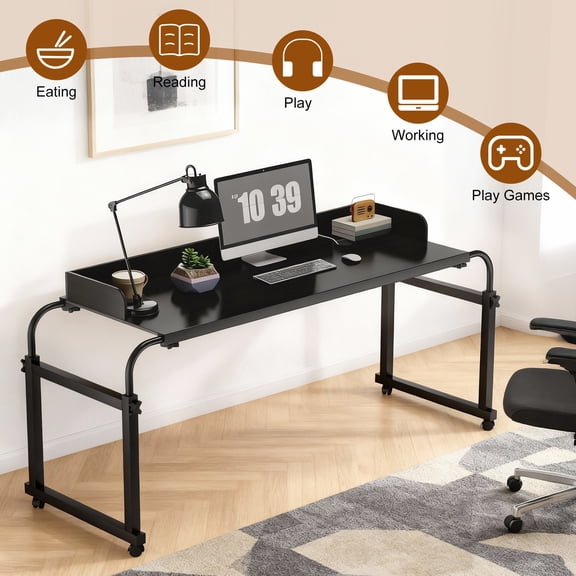 Tereitr Overbed Table with Wheels, Adjustable Height Heavy Duty Rolling Laptop Table for Home Office 350 Lbs Weight Capacity, 47.2 x 15.7 Inch Tabletop, Black