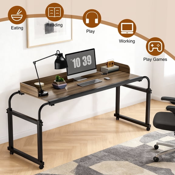 Tereitr Overbed Table with Wheels, Adjustable Height Heavy Duty Rolling Laptop Table for Home Office 350 Lbs Weight Capacity, 47.2 x 15.7 Inch Tabletop, Ebony