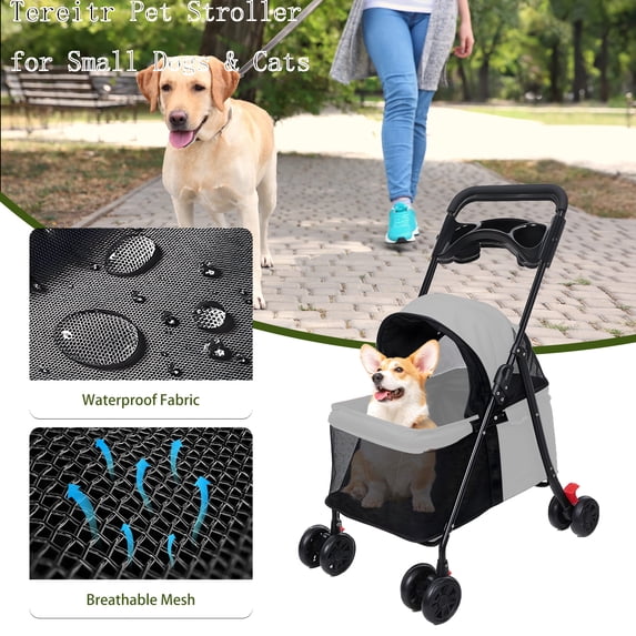 Tereitr Pet Stroller for Small Dogs & Cats, 4 Wheel Outdoor Travel Folding Dog Stroller with Cup Holder, Visible Mesh Windows, Rear Wheel Brakes, Pets Up to 33 lbs, Grey