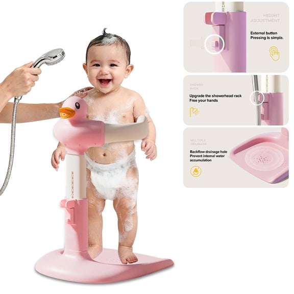 Tereitr Portable Toddler Bath Stand, Height Width Adjustable Baby Shower Rack Anti-Slip Base Baby Bath Rack, Pink