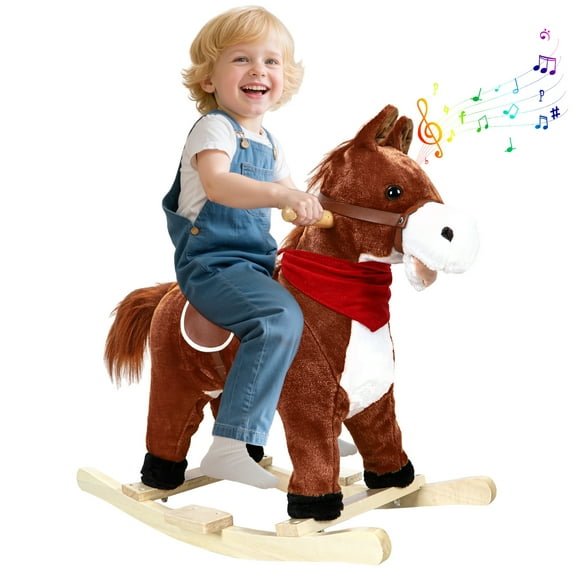Tereitr Rocking Horse Toy for Kids, Plush Ride-On with Wooden Rockers & Interactive Sounds, Moving Mouth, Max Weight 50kg (110 lbs) (Dark Brown Small)