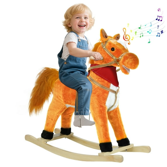 Tereitr Rocking Horse Toy for Kids, Plush Ride-On with Wooden Rockers & Interactive Sounds, Moving Mouth, Max Weight 50kg (110 lbs) (Light Brown Middle)