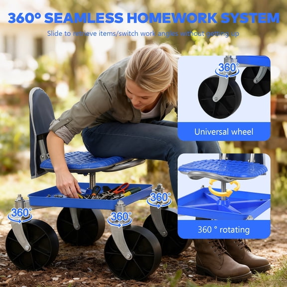 Tereitr Rolling Gardening Seat with Adjustable Height, Heavy Duty Garden Work Stool with Wheels & Storage Tray, 330 lbs Capacity, Garden Tool Cart for Seniors, Yard, Patio Work