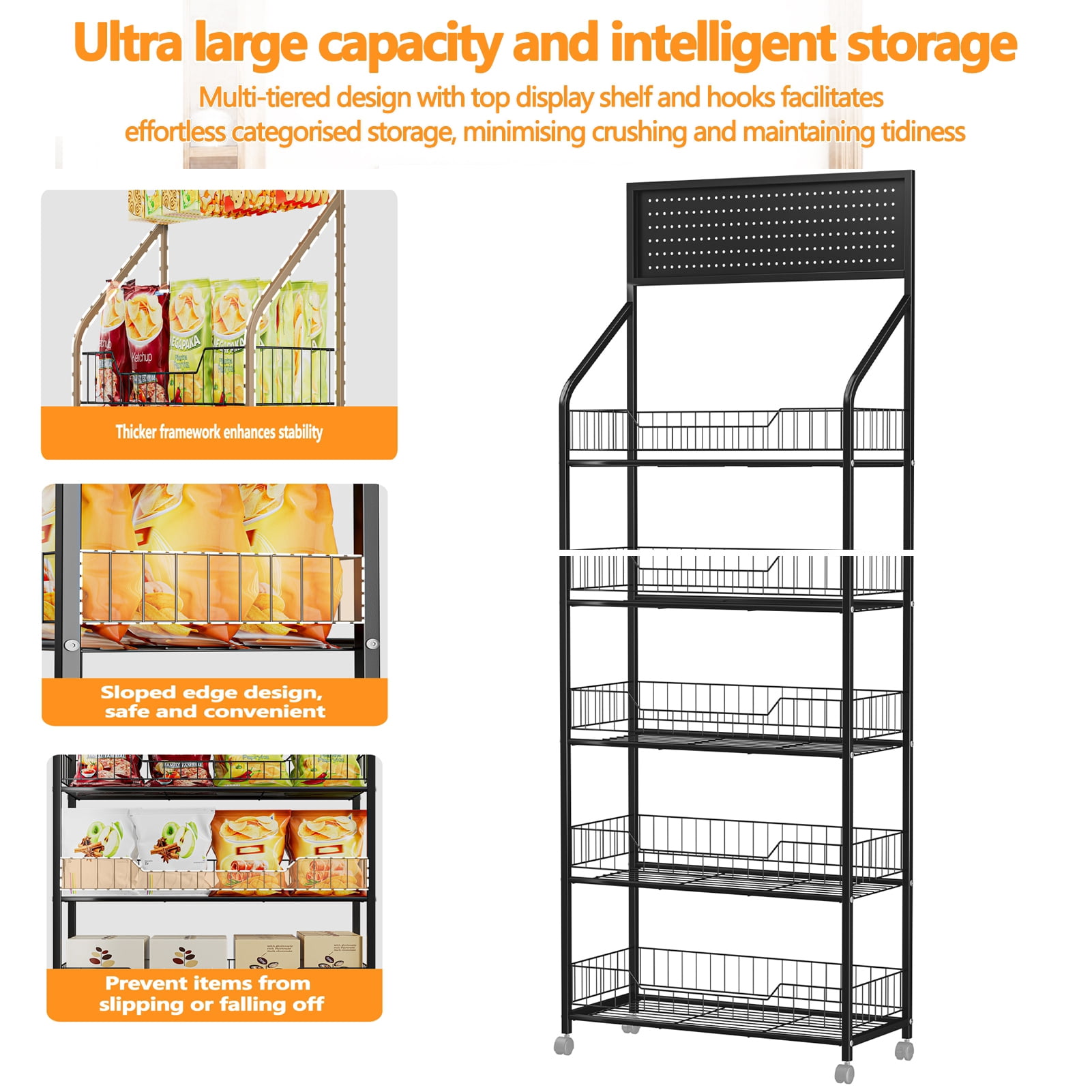 Tereitr Snack Display Rack on Wheels 5 Tier Heavy Duty Metal Candy ...