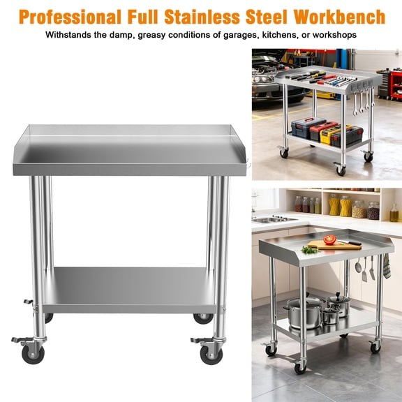 Tereitr Stainless Steel Work Table with Wheels, 36 x 24 Inch 2 Tier Utility Cart with Backsplash, Heavy Duty Rolling Prep Table for Kitchen Garage Restaurant, Detachable Casters