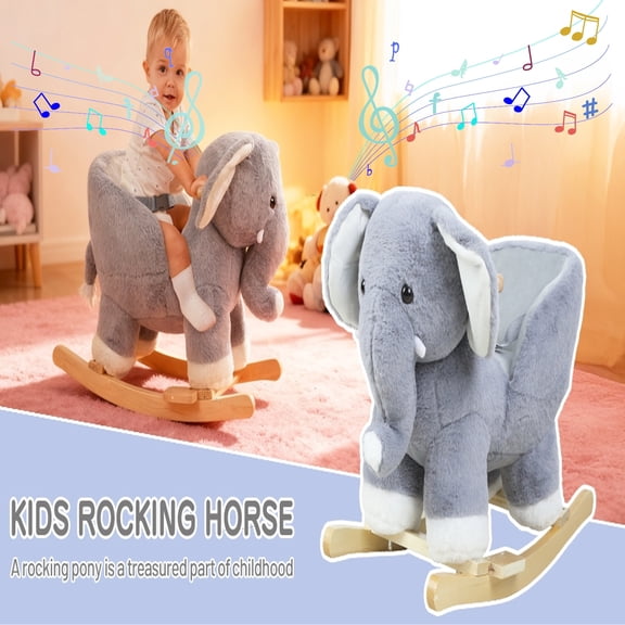 Tereitr Stuffed Animal Rocking Chair, Plush Elephant Rocker with Music and Safety Belt, Wooden Base Rocking Toy, Soft Fabric Construction for Comfort