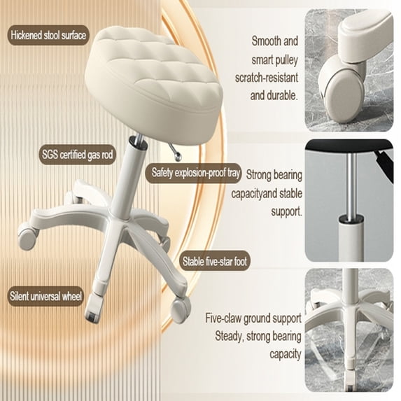 Tereitr Swivel Chair Point Stool with Wheels Rolling Stool Faux Leather Soft Cushion Height Adjustable 360-degree Swivel Backless Drafting for Office, Salan,Home (Beige)