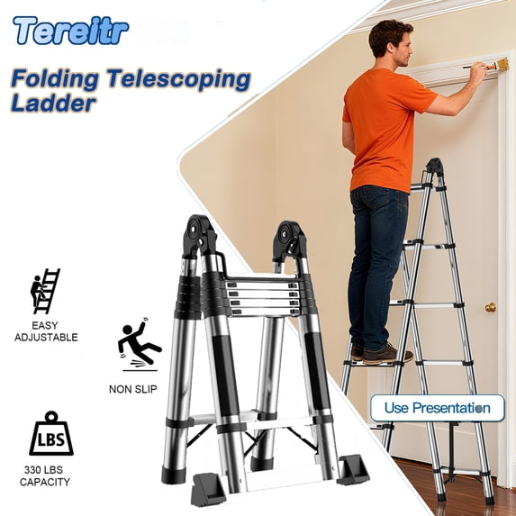 Tereitr Telescoping Ladder, 12.5 ft Aluminum Extension Ladder with Locking Mechanism, 330 lbs Capacity, Lightweight Collapsible Ladder for Home or RV Outdoor Work (A-type Ladder)