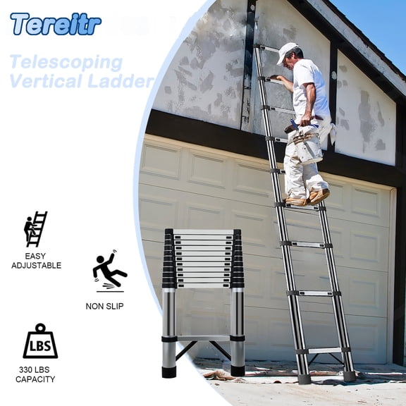 Tereitr Telescoping Ladder, 12.5 ft Aluminum Extension Ladder with Locking Mechanism, 330 lbs Capacity, Lightweight Collapsible Ladder for Home or RV Outdoor Work (Vertical Ladder)