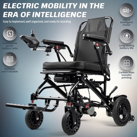 Tereitr Ultra-Lightweight Folding Electric Wheelchair for Travel - 33 lbs, 12-Mile Range, Dual Motor