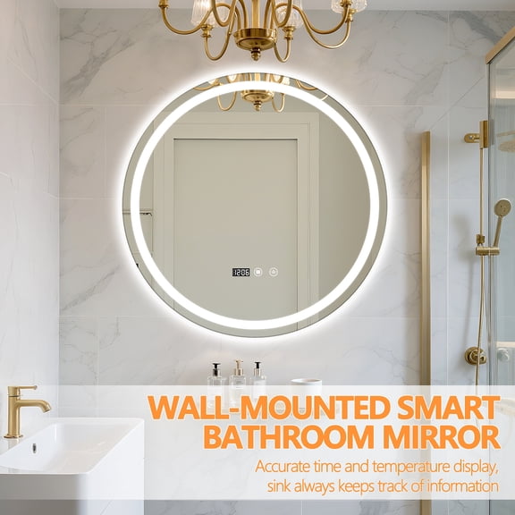 Tereitr Wall Mounted Makeup Mirror with Anti Fog, 24 Inch LED Round Bathroom Mirror for Bedroom Salon, Touch Switch Vanity Mirror with Time & Temperature Display, Energy Saving
