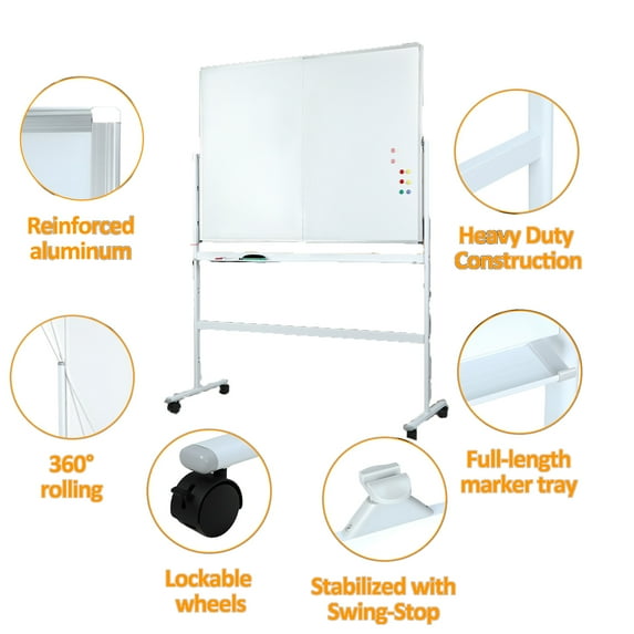 Tereitr Whiteboard, 21.65"x49.61"x68.5" Mobile White Board, Double Sided Magnetic Dry Erase Board with Eraser, 3 Pens, 6 Magnetic Beads (Random Color)
