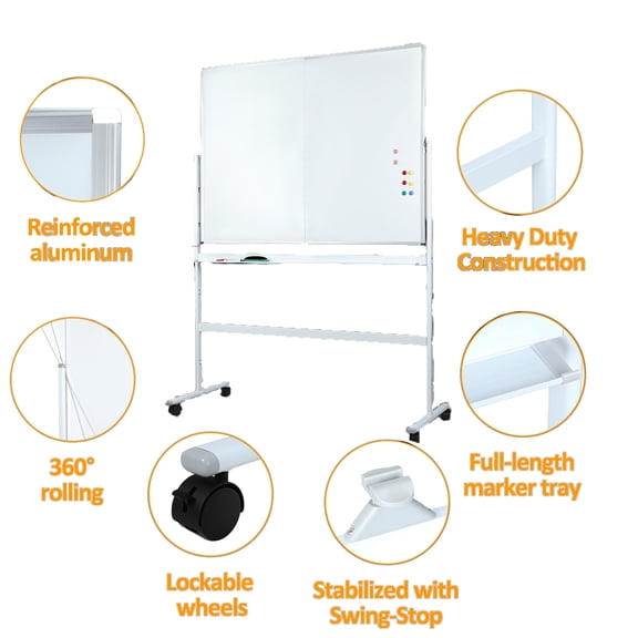 Tereitr Whiteboard, 21.65"x49.61"x68.5" Mobile White Board, Double Sided Magnetic Dry Erase Board with Eraser, 3 Pens, 6 Magnetic Beads (Random Color)