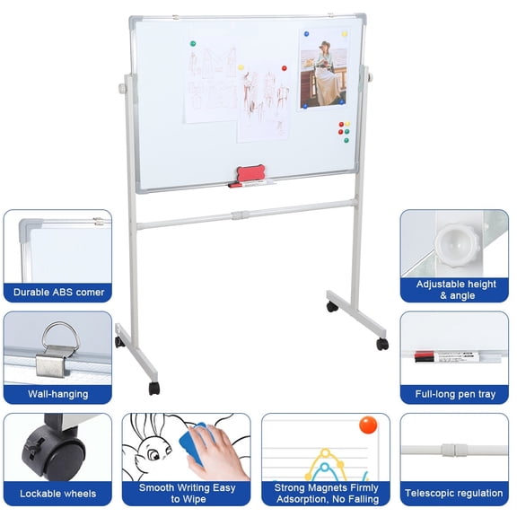 Tereitr Whiteboard on Wheels, 35.4" x 23.6" Mobile Magnetic Dry Erase Board with Adjustable Height Stand, Portable Flip Chart Easel, Includes 5 Markers, 12 Magnets & Eraser