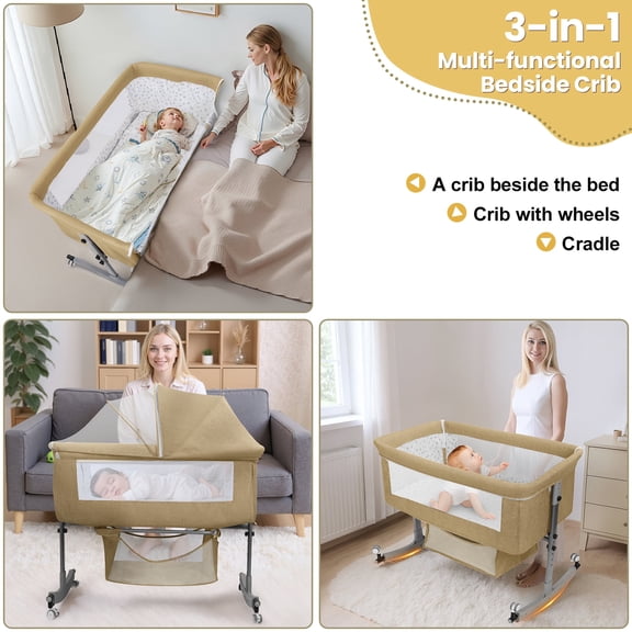 Tereitr 3-in-1 Adjustable Bedside Crib & Bassinet - with Storage, Wheels & Mosquito Net, Converts to Rocker, for Newborn to Toddler (0-24M) (Khaki)