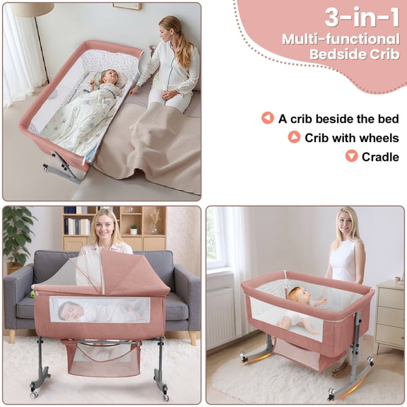 Tereitr3-in-1 Adjustable Bedside Crib & Bassinet - with Storage, Wheels & Mosquito Net, Converts to Rocker, for Newborn to Toddler (0-24M) (Pink)