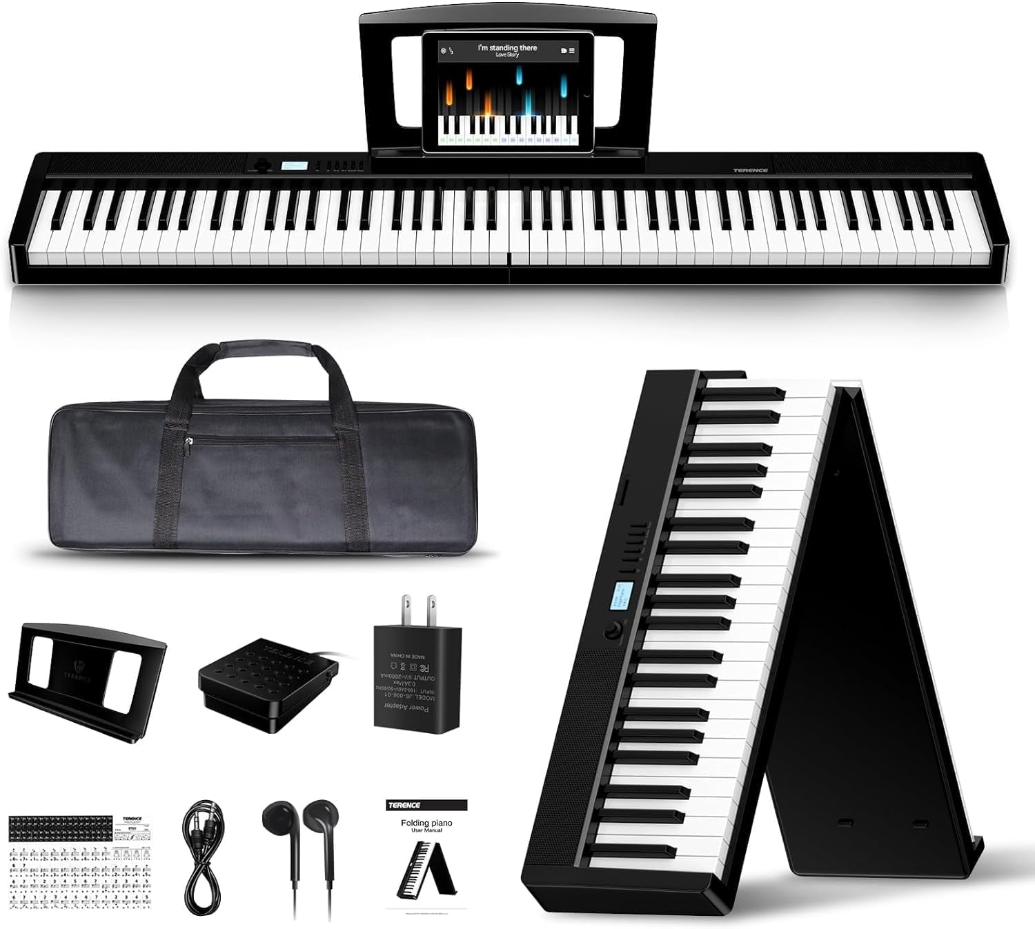 The Coupon deal of  Terence 88-Key Folding Digital Piano Keyboard, Weighted, Full Size with 2X5W Speakers, Music Stand, Earphones and Sustain Pedal