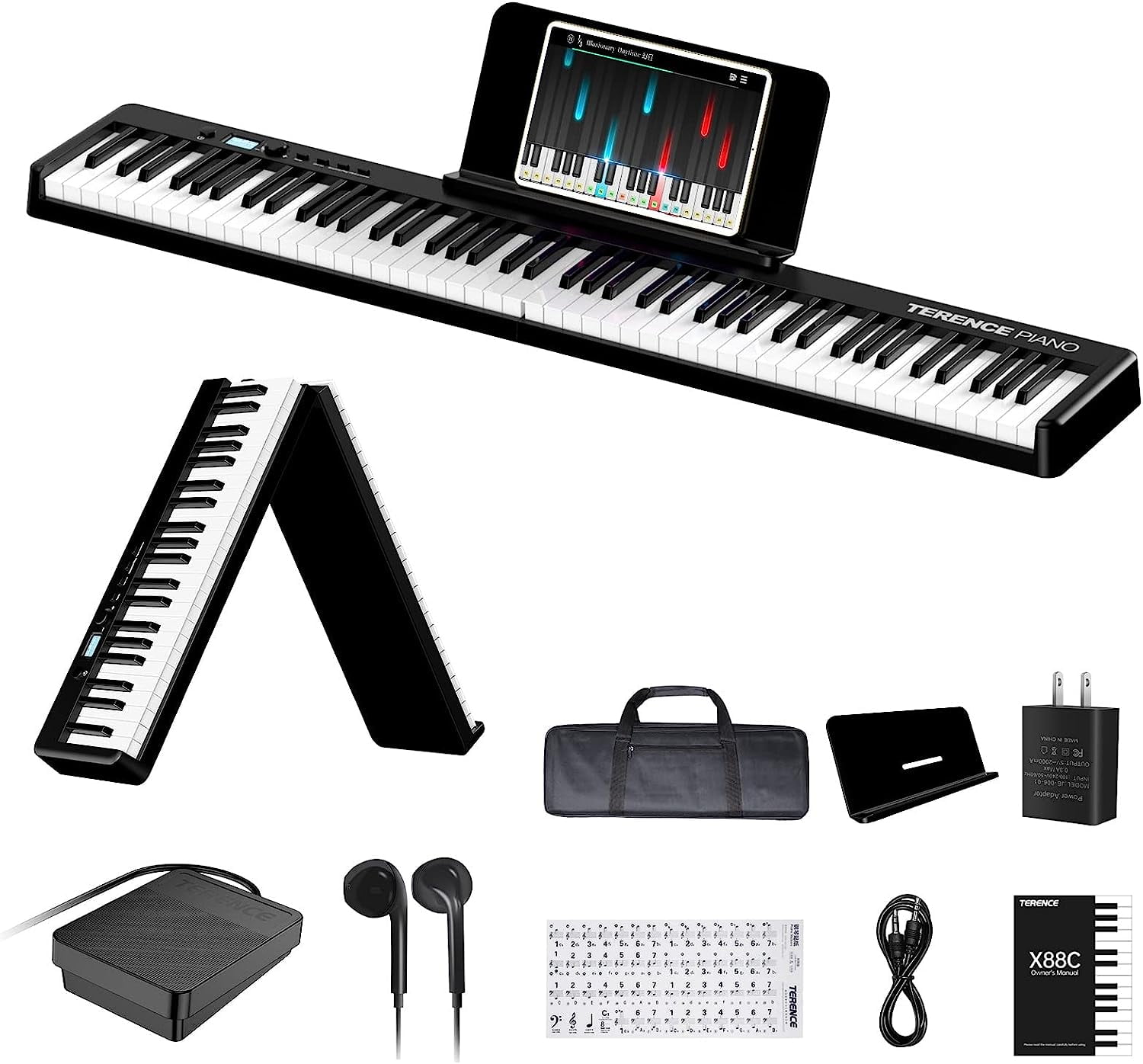 Free Shipping! Folding Piano Keyboard, 88 Keys Full Size Semi-Weighted Foldable Piano, Support MIDI USB Interface Bluetooth Portable Piano with LCD Screen Sheet Music Stand Sticker Sustain Pedal for Beginners Kids