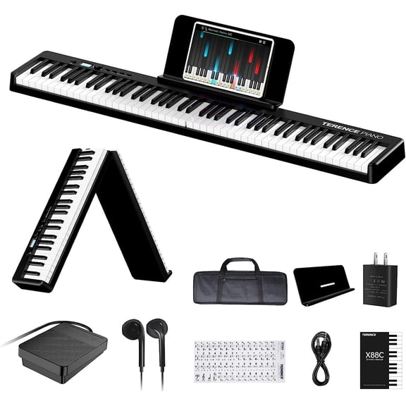 Terence Folding Piano Keyboard, 88 Keys Full Size Semi-Weighted Foldable Piano, Support MIDI USB Interface Bluetooth Portable Piano with for Beginners Kids