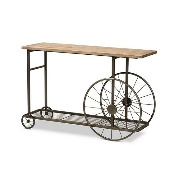 Terence Vintage Rustic Industrial Natural Finished Wood and Metal Wheeled Console Table