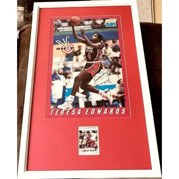 Teresa Edwards autographed 1992 US Olympic card and SI for Kids poster framed JSA