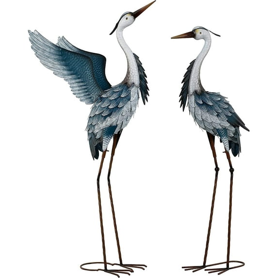 Teresa's Collections 2Pcs 40.75''H, 37.20''H Blue Metal Heron Decor Garden Sculptures Statues, Large Crane Bird Yard Art for Outdoor Porch Party Decorations