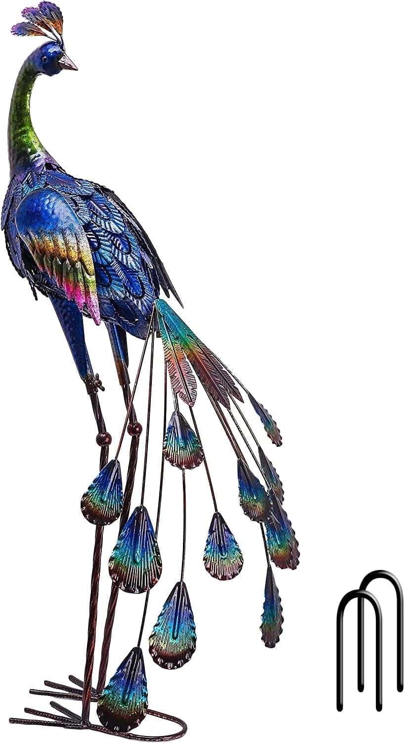 Teresa's Collections 35.04''H Large Peacock Garden Sculpture & Statue for Outdoor Decor Sturdy Metal Yard Art for Garden Decor Tall Blue Lawn Ornament for Party Patio Lawn Decor