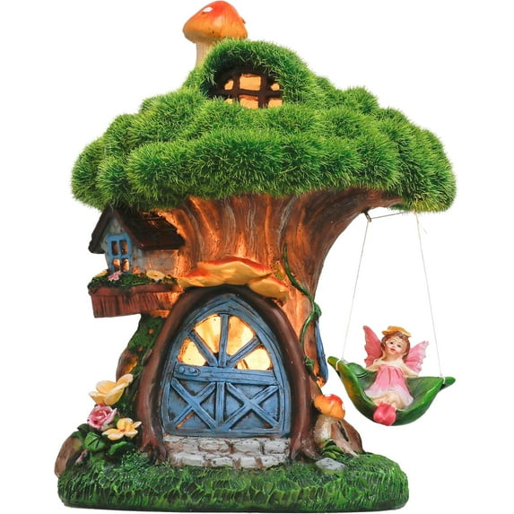 Teresa's Collections 7.9 inches Flocked Fairy House Garden Statues with Solar Lights, Resin Moss Outdoor Cottage Figurines with Fairy, Treehouse Lawn Ornaments for Patio Yard Decor