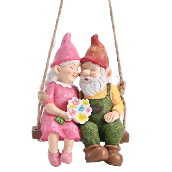 TERESA'S COLLECTIONS Gnome Couple Sitting on a Swing, Waterproof Resin Outdoor Garden Decor and Tree Ornament