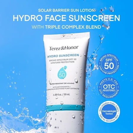 Terez & Honor Sunscreen for Face: Hydrating Face Sunscreen Broad Spectrum SPF 50 with UVA/UVB Protection - Moisturizing, Soothing, Water-Resistant, No-White Cast & Non-Greasy - Korean Sun Care 1.69oz