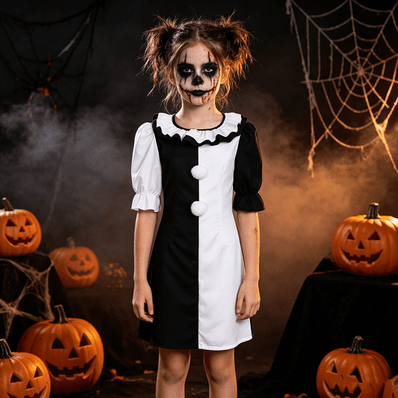 Terfer Cosplay, Bloody Evil Clown Dress Costume, Splattered Splice Creepy Jester Robe for Haunted House Horror Night, Two Tone Gothic Circus Performer Gown, Spooky Carnival Cosplay Dress Up110