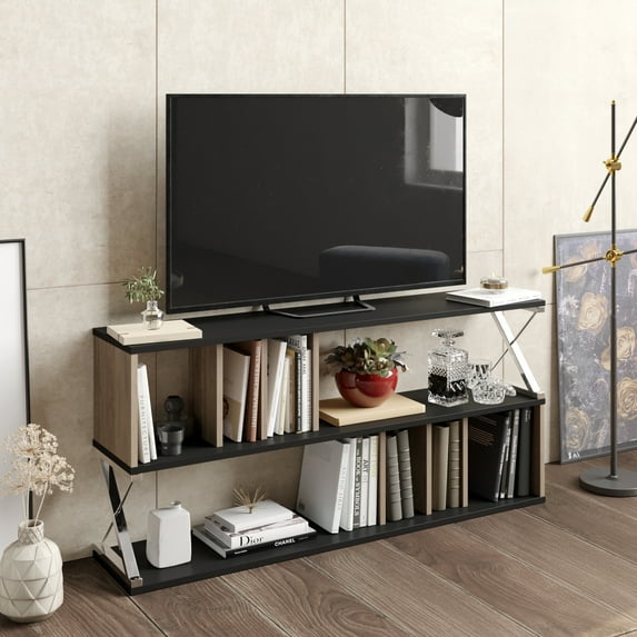 Termas Modern Metal Wood TV Stand for TVs up to 64", Black Veneer